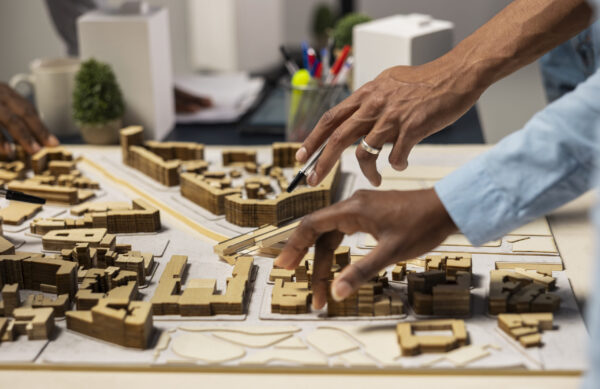 Real estate team using 3D models to explore construction layout options, working on residential project for urban development phase during a strategic office meeting with contractors.